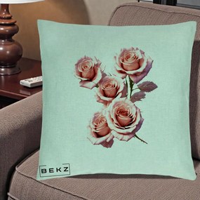 Perna Decorativa Trandafiri Roz Pastel Acuarela, 40x40 cm, Verde Menta, Husa Detasabila, Perna Inclusa, BEKZ®
