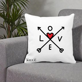 Perna Decorativa Love cu Sageti Incrucisate si Inima Rosie, 40x40 cm, Alba Mata, Husa Detasabila, Perna Inclusa, BEKZ®