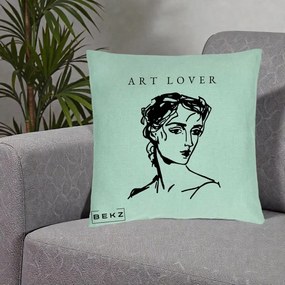 Perna Decorativa Art Lover Portret Grafic, 40x40 cm, Verde Menta, Husa Detasabila, Perna Inclusa, BEKZ®