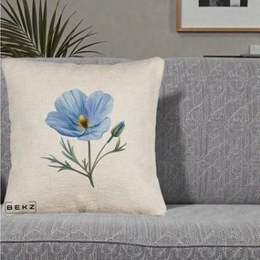 Perna Decorativa Mac Albastru Acuarela, 40x40 cm, Bej Canapea, Husa Detasabila, Perna Inclusa, BEKZ®