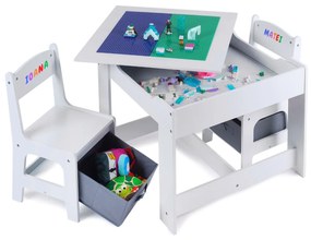 Masa cu scaune pentru copii Suporto si tabla compatibila cu piese LEGO, din MDF, Sertare Depozitare, Organizator Jucarii, Tabla de Scris, Desenat,