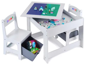 Masa cu scaune pentru copii Suporto si tabla compatibila cu piese LEGO, din MDF, Sertare Depozitare, Organizator Jucarii, Tabla de Scris, Desenat,