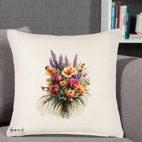 Perna Decorativa Buchet Mixt Acuarela Lavanda-Trandafiri, 40x40 cm, Crem Reliefat, Husa Detasabila, Perna Inclusa, BEKZ®
