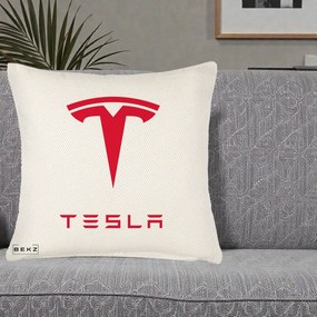 Perna Personalizata cu emblema Tesla, 40x40 cm, Crem Reliefat, Husa Detasabila, Perna Inclusa, BEKZ®