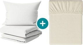 Set lenjerie de pat creponata DENYX BLEND crem deschis, buzunar hotel + cearsaf Jersey 90 x 200 cm gri-bej, pentru un pat simplu