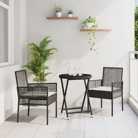 vidaXL Set bistro de grădină, 3 piese, cu perne, negru, poliratan