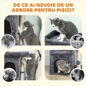 PawHut Ansamblu de joacă pentru pisici de până la 7 kg cu 2 căsuțe, pat și stâlp de sisal, 66cm, Gri | Aosom Romania