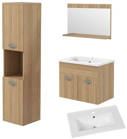 kleankin Set de mobilier de baie oglindă coloană + dulap sub chiuvetă suspendat cu bol, dulap coloană natural | Aosom Romania