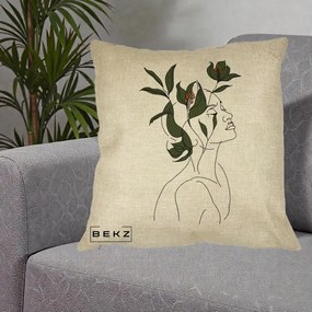 Perna Decorativa Portret Feminin Crin Verde, 40x40 cm, Crem, Husa Detasabila, Perna Inclusa, BEKZ®