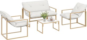 Set mobilier pentru grădină 4 piese Outsunny, set pentru terasă cu masă cu blat din sticlă securizată, canapea, 2 fotolii, Alb | Aosom Romania