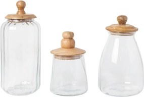 Set 3 borcane din sticlă canelată cu capac din lemn de mango cu mâner sculptat, natur, 12 × 24 cm, „Twisted"