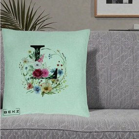 Cadou Personalizat - Perna Personalizata Monogram Litera L cu Flori Acuarela, 40x40 cm, Verde Menta, Husa Detasabila, Perna Inclusa, BEKZ®
