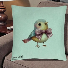 Perna Decorativa Pasare Bleu cu Fundita Roz, 40x40 cm, Verde Menta, Husa Detasabila, Perna Inclusa, BEKZ®
