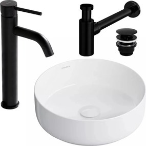 Pachet lavoar pe blat Omnires Tulsa alb 36 cm, baterie lavoar Rea Lungo negru si ventil lavoar Click-Clack negru