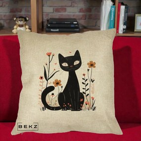 Perna Decorativa Pisica Neagra Flori Pastel Folk, 40x40 cm, Crem, Husa Detasabila, Perna Inclusa, BEKZ®