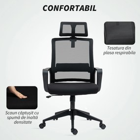 HOMCOM Scaun de Birou Ergonomic cu Tetieră, Înălțime Reglabilă și Funcție de Balansare, 60x64x102-112 cm, Negru | Aosom Romania