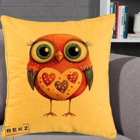 Perna Decorativa Bufnita Rosie cu Inimi Aurii, 40x40 cm, Galben, Husa Detasabila, Perna Inclusa, BEKZ®