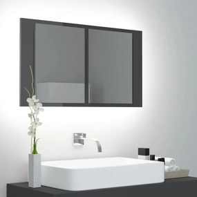 804971 vidaXL Dulap de baie cu oglindă și LED, gri extralucios 80x12x45 acril