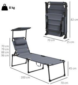 Outsunny Sezlong pentru exterior, Sezlong pliabil reglabil cu spatar cu 4 pozitii, parasolar, tetiera, cu cadru metalic