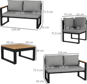 Outsunny Set de Mobilier pentru Grădină din 4 Piese cu 2 Canapele Duble, Colțar și Măsuță de Cafea, 124x61x71,5 cm, Gri | Aosom Romania