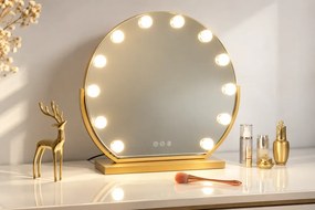 Oglindă cosmetică, sistem iluminare LED, 12 becuri, 3 culori, Senzor Tactil, Luminozitate Reglabilă, Auriu