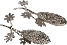 Set solniță și piperniță din alamă lucrată manual, argintiu, în formă de con de pin, cu rămurele și frunze, finisaj nichelat, 5 x 15 x 10 cm,