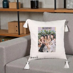 Perna Personalizata K-pop BLACKPINK Foto Grup, 40x40 cm, Bej cu Franjuri, Husa Detasabila, Perna Inclusa, BEKZ®