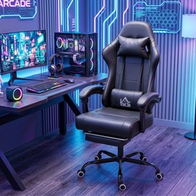 HOMCOM Scaun de gaming ergonomic, fotoliu gamer cu suport lombar masaj, spătar înclinat, înălțime reglabilă, negru | Aosom Romania