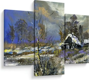 Tablou -Cabane într-un peisaj de iarnă, pictură în ulei (90x60 cm)