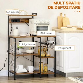 HOMCOM Raft de Bucatarie cu Prize Mutiple, Dulap Bucatarie pentru Microunde cu Rafturi si Cos din Sarma Stil Industrial, 90x42x130cm, Maro