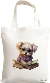 Sacosa de Panza pentru Cumparaturi, Geanta Tote, model Reading puppy 26 38 x 34.5 cm, Alba, BEKZ®