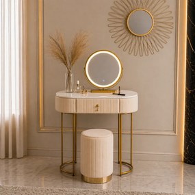Set SARAH, Masă de toaletă pentru machiaj cu oglindă iluminată LED, control touch, sertar, taburet, 80x40x76 cm, Bej/Auriu