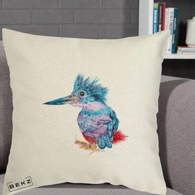 Perna Decorativa Pasare Martin Pescar Acuarela Albastru-Mov, 40x40 cm, Ecru, Husa Detasabila, Perna Inclusa, BEKZ®