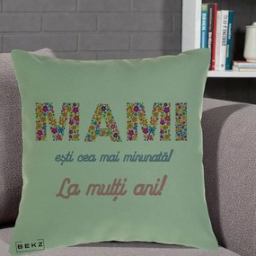 Cadou pentru Mama - Perna Personalizata Mami Esti Cea mai Minunata La Multi Ani cu Litere Florale, 40x40 cm, Verde, Husa Detasabila, Perna Inclusa, BEKZ®