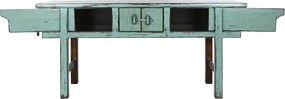 Consolă hol vintage din lemn de ulm, turcoaz, cu 2 sertare, 2 uși și zăvor din lemn, 88 x 170 x 49 cm, „Azure”