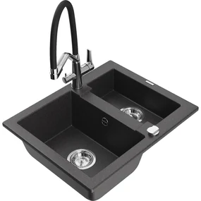 Mexen Carlos chiuvetă de granit cu 1,5 compartiment și baterie de bucătărie Duo, Negru cu picățele - 6518-76-671701-07