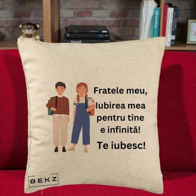 Cadou pentru Frate - Perna Personalizata Fratele Meu Te Iubesc Elevi Ilustratie Colorata, 40x40 cm, Bej, Husa Detasabila, Perna Inclusa, BEKZ®