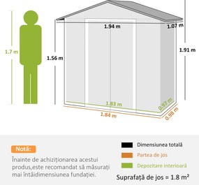 Outsunny Căsuță de Grădină, Magazie pentru Unelte, Oțel, 194x107x191 cm, Gri | Aosom Romania