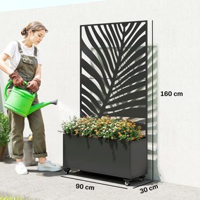 Outsunny Jardinieră cu spalier, cuvă pentru flori, cu paravan de intimitate și roți blocabile, metal, 90 x 30 x 160 cm, negru | Aosom Romania