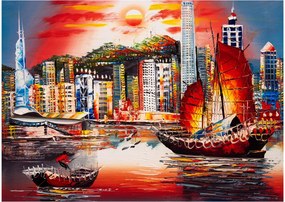 Tablou pe sticlă - Victoria Harbour, Hong Kong, pictură în ulei (70x50 cm)