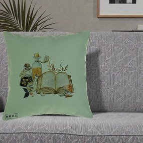 Perna Decorativa Grimoire Vrajitoare si Filtre Magice Halloween, 40x40 cm, Verde, Husa Detasabila, Perna Inclusa, BEKZ®