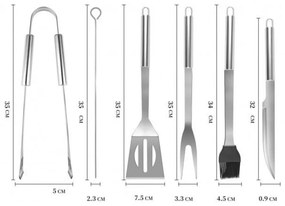 Set 9 ustensile gratar din inox HouseXL BBQ, Cu geanta transport inclusa, Cleste, Spatula, Furculita, Cutit, Perie gratar si Frigarui