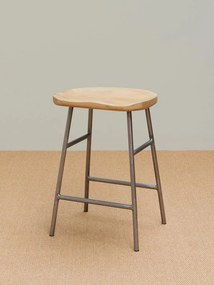 Scaun de bar din lemn de mango și metal, natur, pentru insulă, în stil industrial, cu șezut scobit și suport pentru picioare, 60 x 42 x 37 cm, „Hinto”