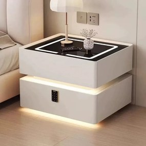 Noptieră inteligentă multifuncțională, sertar tip seif cu blocare cu parolă, încărcare Wireless, iluminare LED touch în 3 culori, Alb