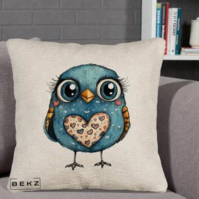Perna Decorativa Bufnita Albastra cu Inimioare, 40x40 cm, Bej Canapea, Husa Detasabila, Perna Inclusa, BEKZ®