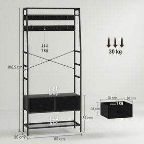 HOMCOM Suport pentru haine industrial cu 2 sertare textile, raft, 8 cârlige și cadru din oțel, 80 x 30 x 180,5 cm, negru | Aosom Romania