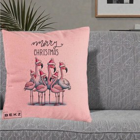 Perna Decorativa Flamingo Merry Christmas, 40x40 cm, Roz, Husa Detasabila, Perna Inclusa, BEKZ®