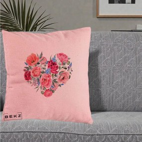Perna Decorativa Inima din Bujori Acuarela, 40x40 cm, Roz, Husa Detasabila, Perna Inclusa, BEKZ®