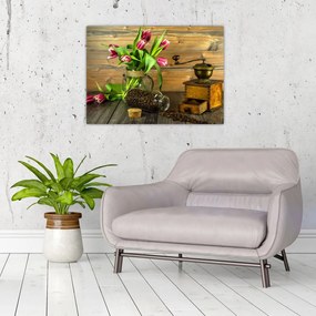 Tablou pe sticlă - lalele, râșniță și cafea (70x50 cm)