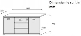 Comoda cu 3 sertare si 2 usi, pal alb ,140x77x33 cm, pentru sufragerie hol dormitor birou, Bortis impex alb, 140 cm, 77 cm, 33 cm